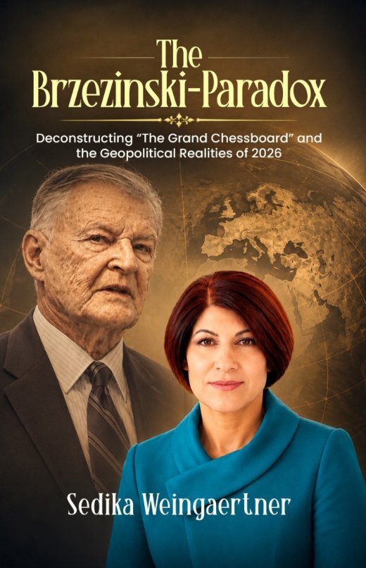 Cover of The Brzezinski Paradox by Sedika Weingärtner: Zbigniew Brzezinski and the author before a sepia globe.