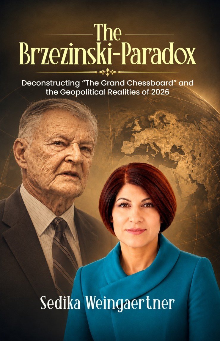 Cover of The Brzezinski Paradox by Sedika Weingärtner: Zbigniew Brzezinski and the author before a sepia globe.