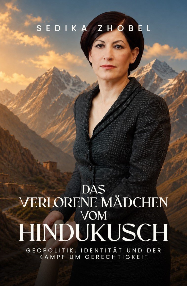 Cover of the German edition, Das verlorene Mädchen vom Hindukusch, by Sedika Zhobel: the author before the mountains of the Hindu Kush at dusk.
